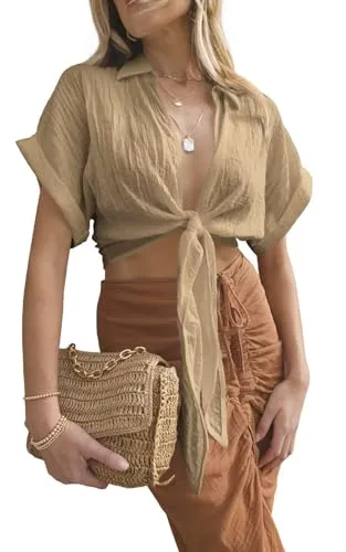 2024 Women's Deep V Neck Tie Front Knot Shirt Cardigan Crop Top Summer Button Blouse Short Sleeeve Shirts Front Top Black Small