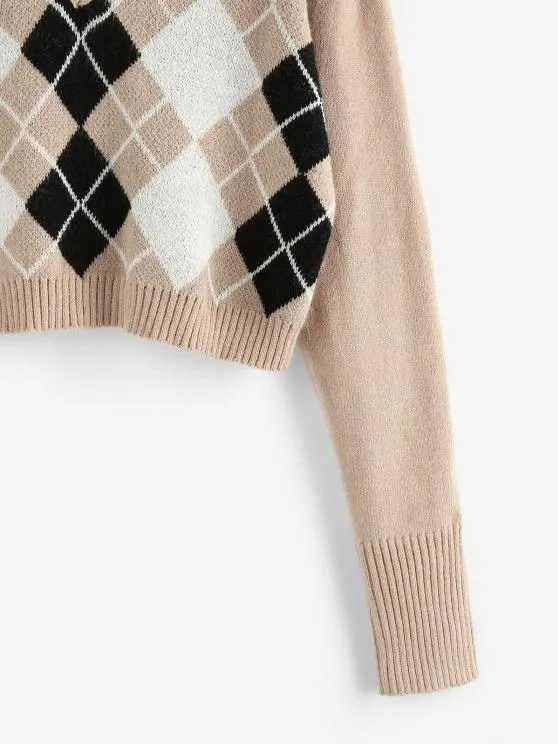 Argyle V Notch Crop Sweater