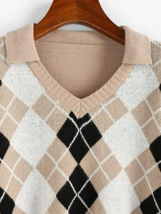Argyle V Notch Crop Sweater