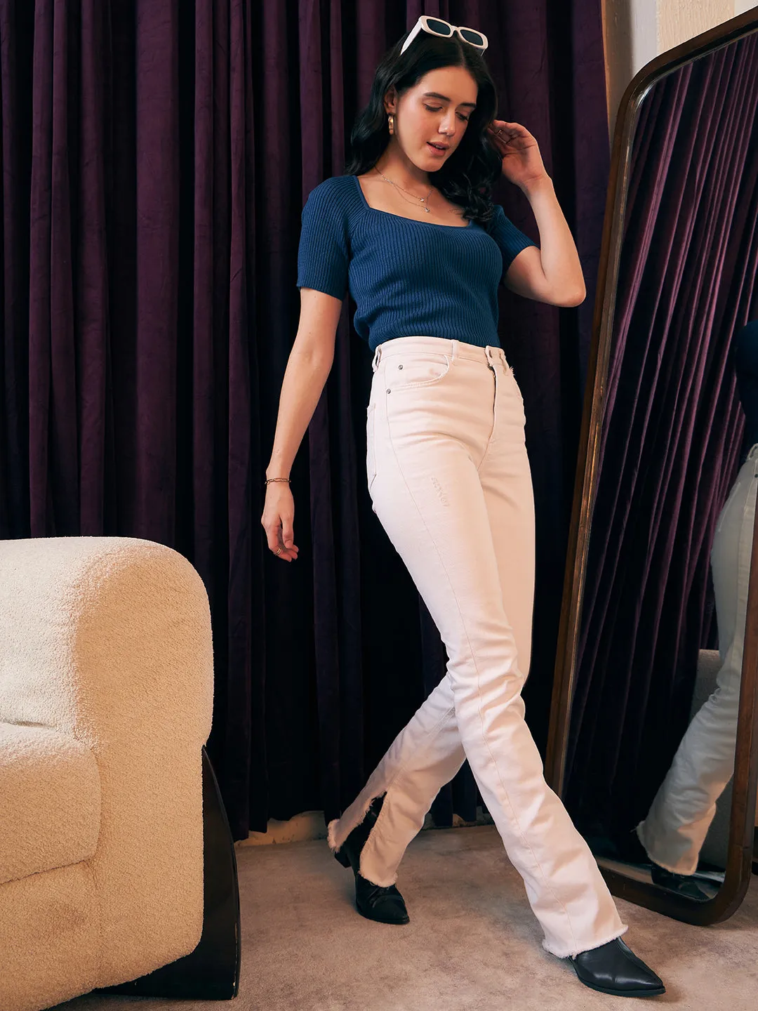 Berrylush Women Solid Blue Scoop Neck Short Sleeves Acrylic Straight Hem Knitted Crop Sweater