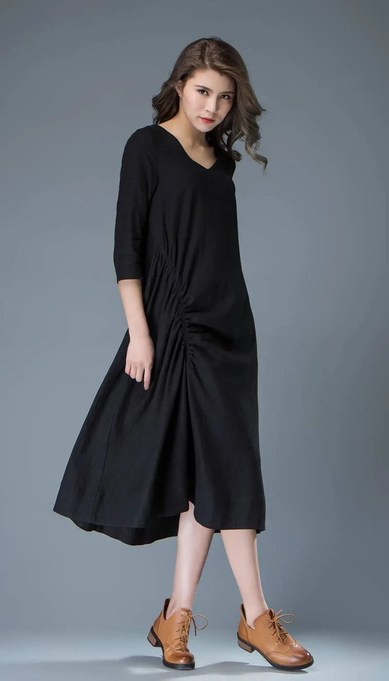 Black Linen Dress - Casual Everyday Comfortable Loose-Fitting Contemporary Mid-Length Woman's Handmade Dress C838