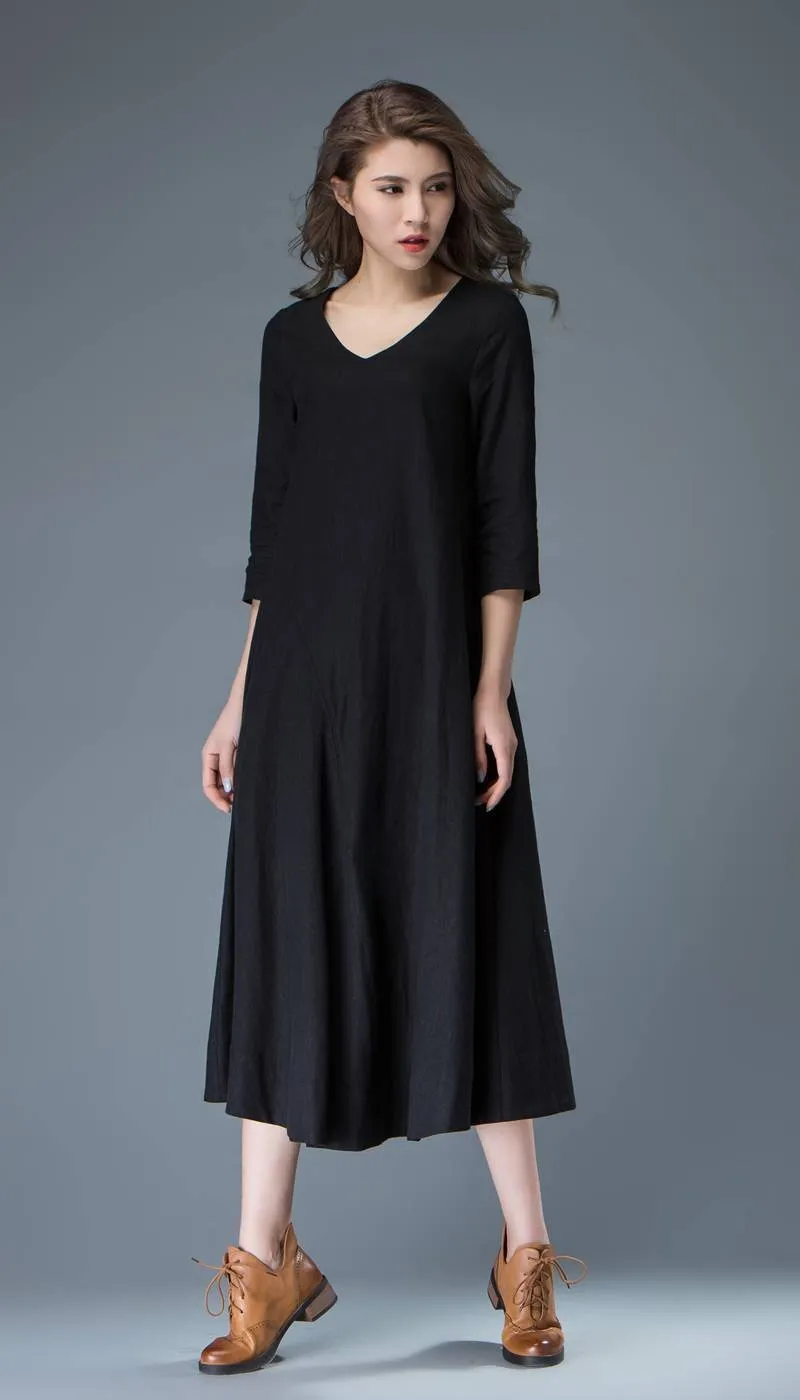 Black Linen Dress - Casual Everyday Comfortable Loose-Fitting Contemporary Mid-Length Woman's Handmade Dress C838
