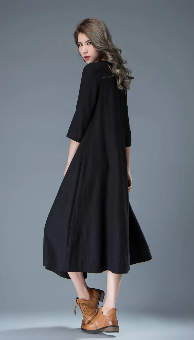 Black Linen Dress - Casual Everyday Comfortable Loose-Fitting Contemporary Mid-Length Woman's Handmade Dress C838