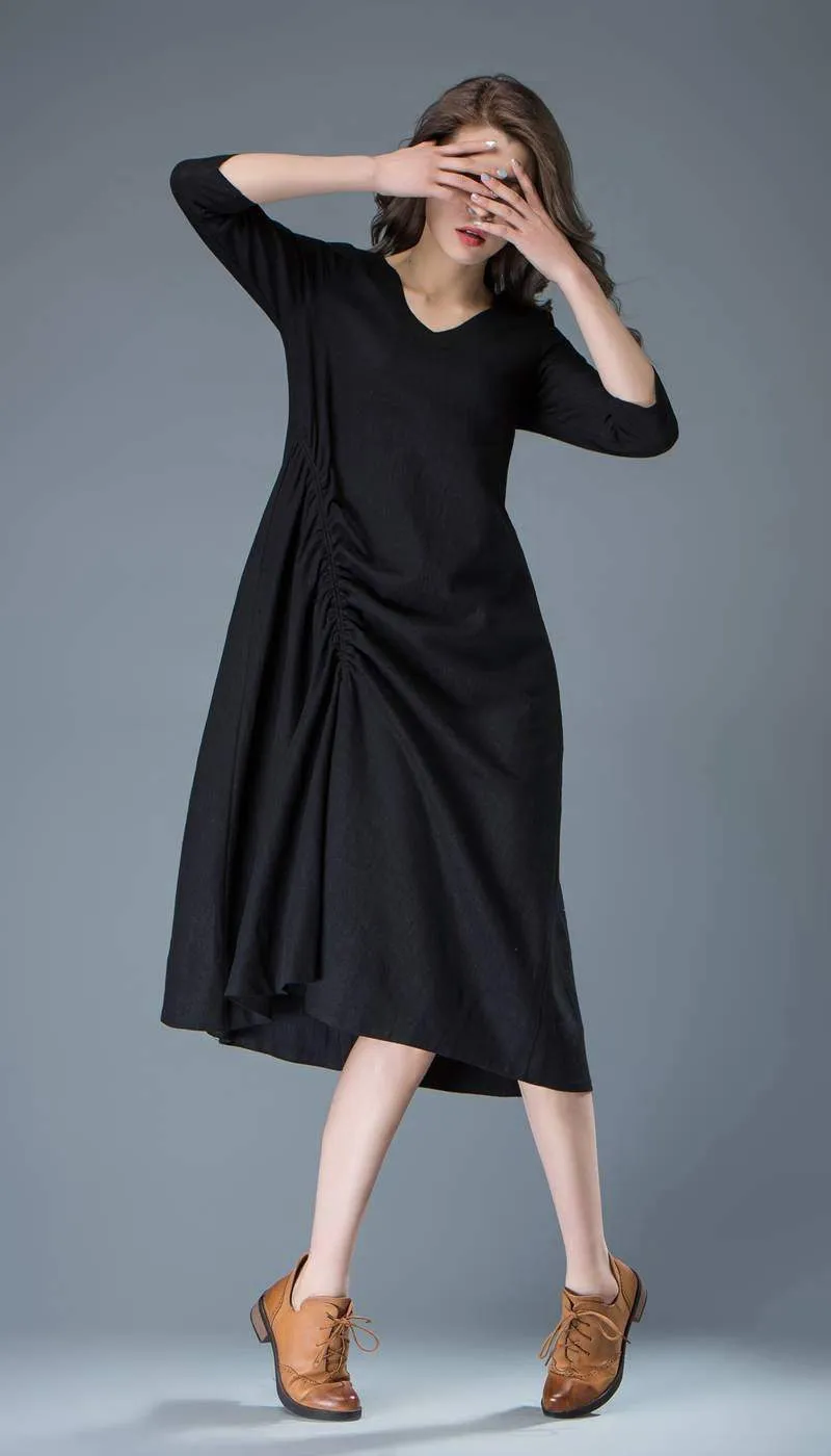 Black Linen Dress - Casual Everyday Comfortable Loose-Fitting Contemporary Mid-Length Woman's Handmade Dress C838