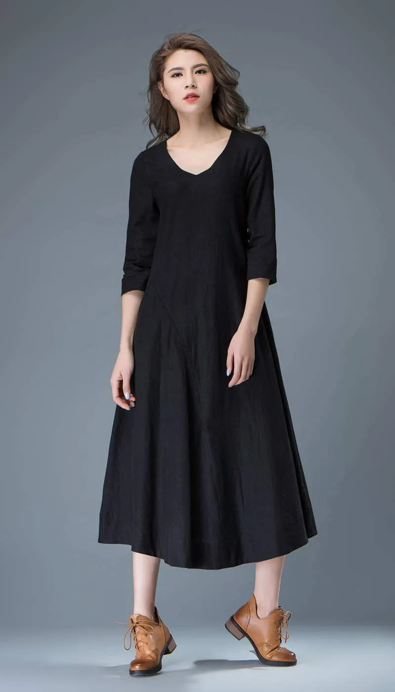 Black Linen Dress - Casual Everyday Comfortable Loose-Fitting Contemporary Mid-Length Woman's Handmade Dress C838