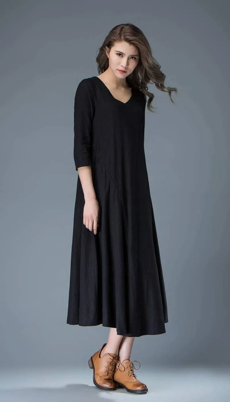 Black Linen Dress - Casual Everyday Comfortable Loose-Fitting Contemporary Mid-Length Woman's Handmade Dress C838