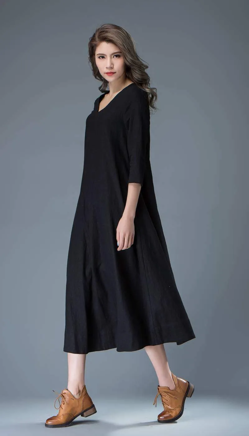 Black Linen Dress - Casual Everyday Comfortable Loose-Fitting Contemporary Mid-Length Woman's Handmade Dress C838