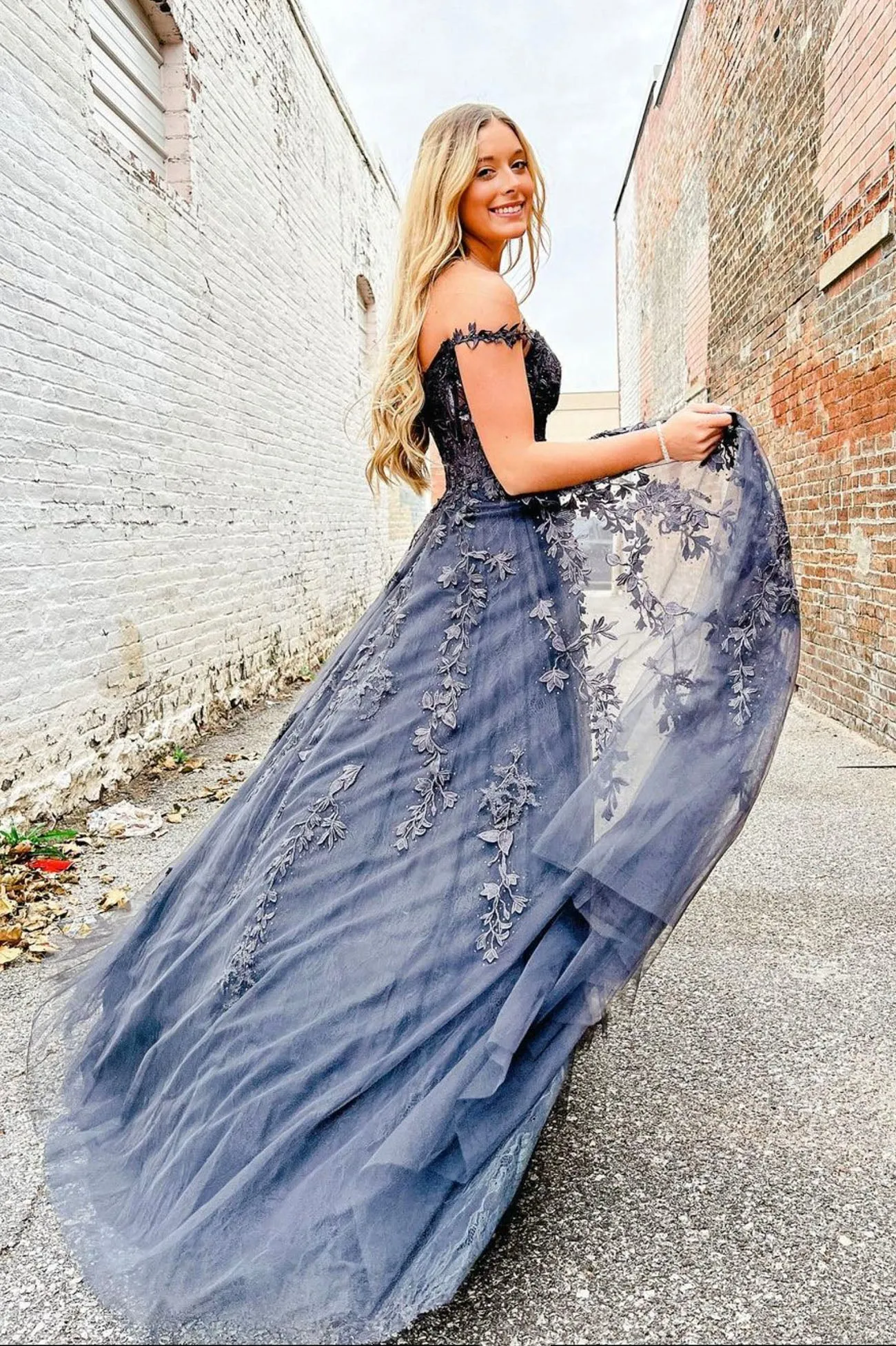 Black Tulle Lace Long Prom Dress, Off the Shoulder Evening Dress