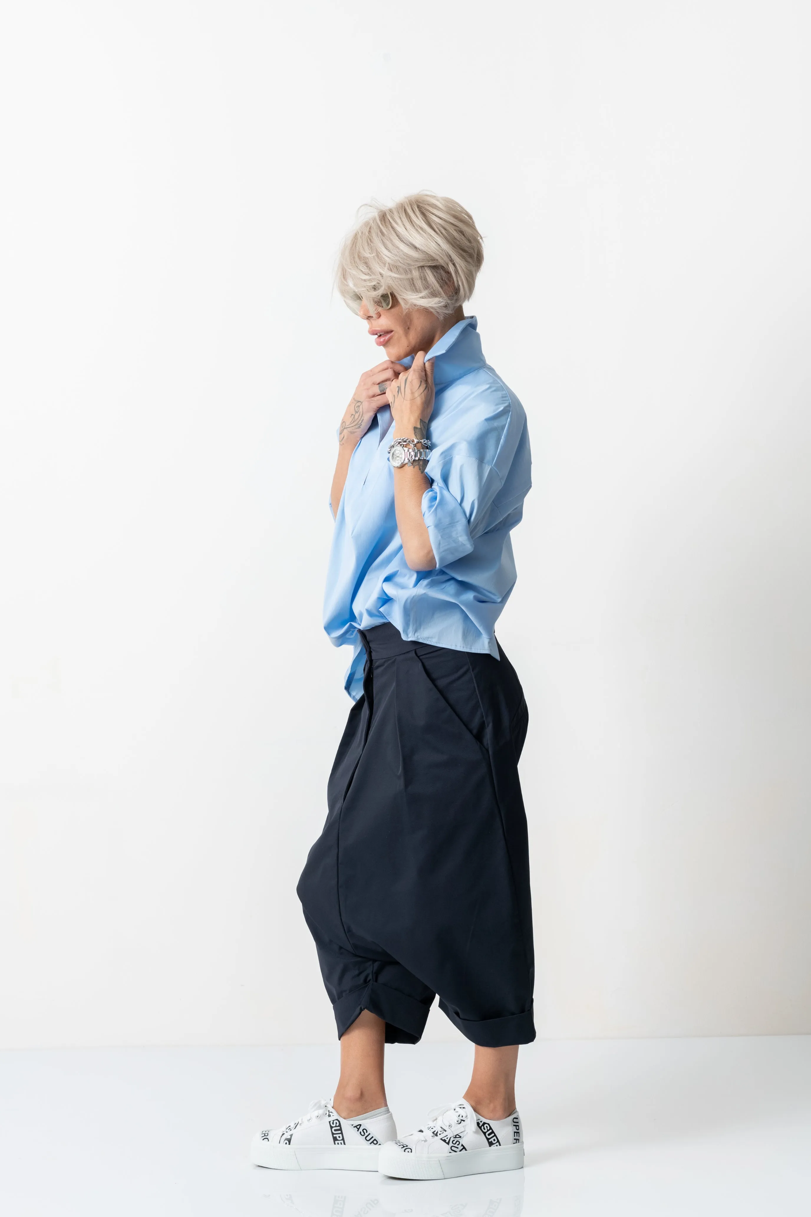 Blue Drop Crotch Casual Pants with Side Pockets