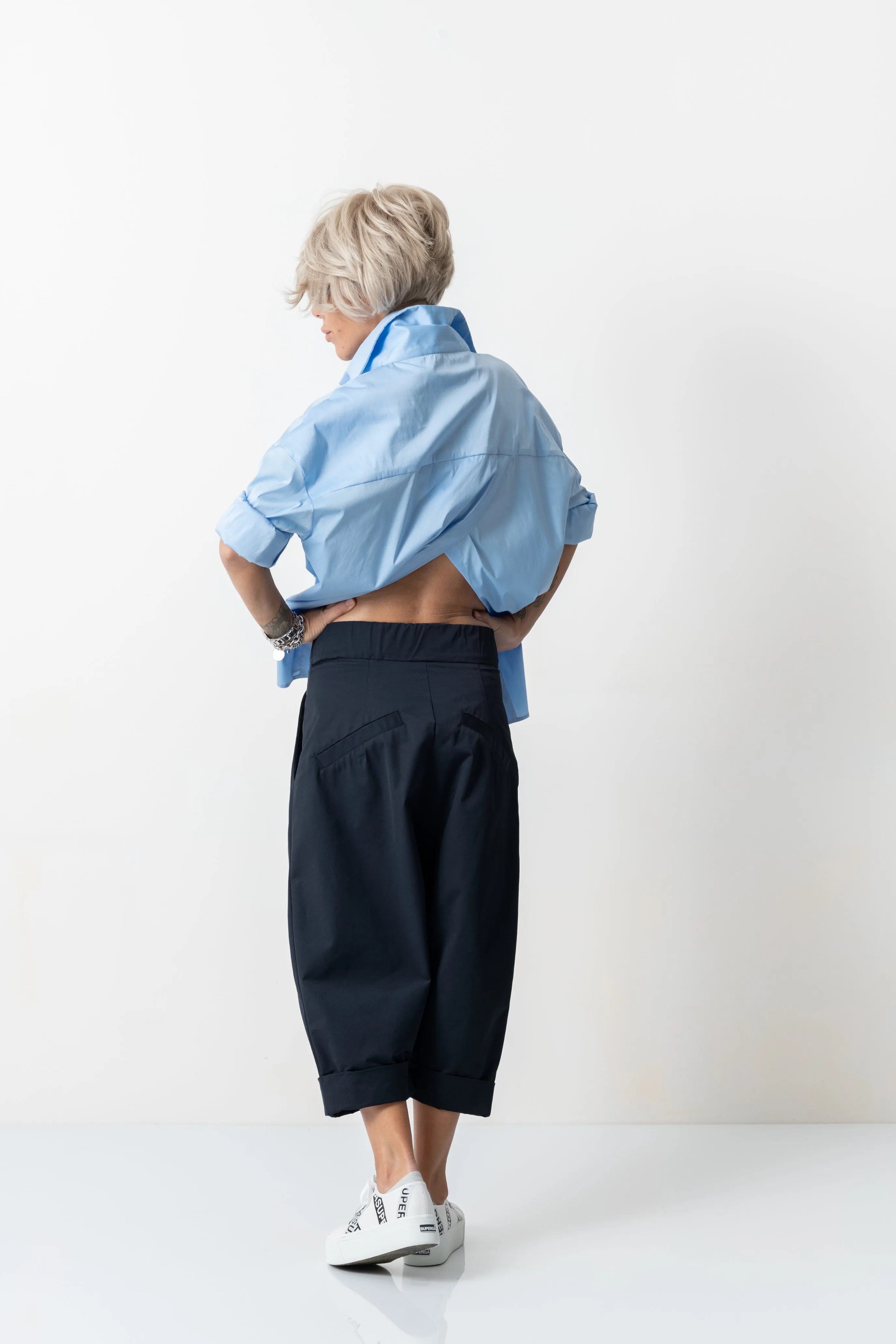 Blue Drop Crotch Casual Pants with Side Pockets
