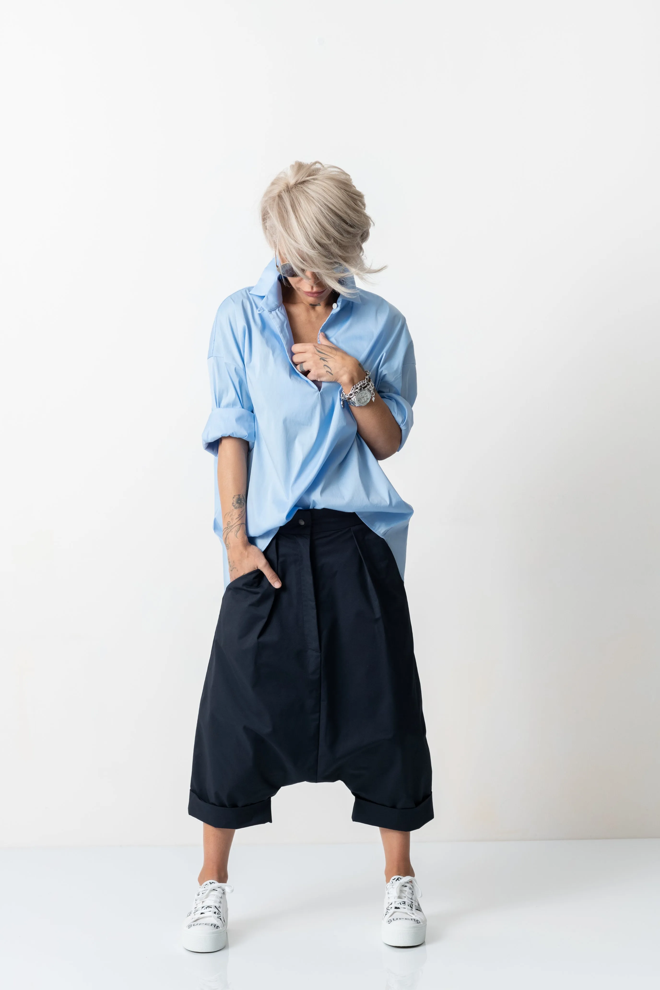 Blue Drop Crotch Casual Pants with Side Pockets
