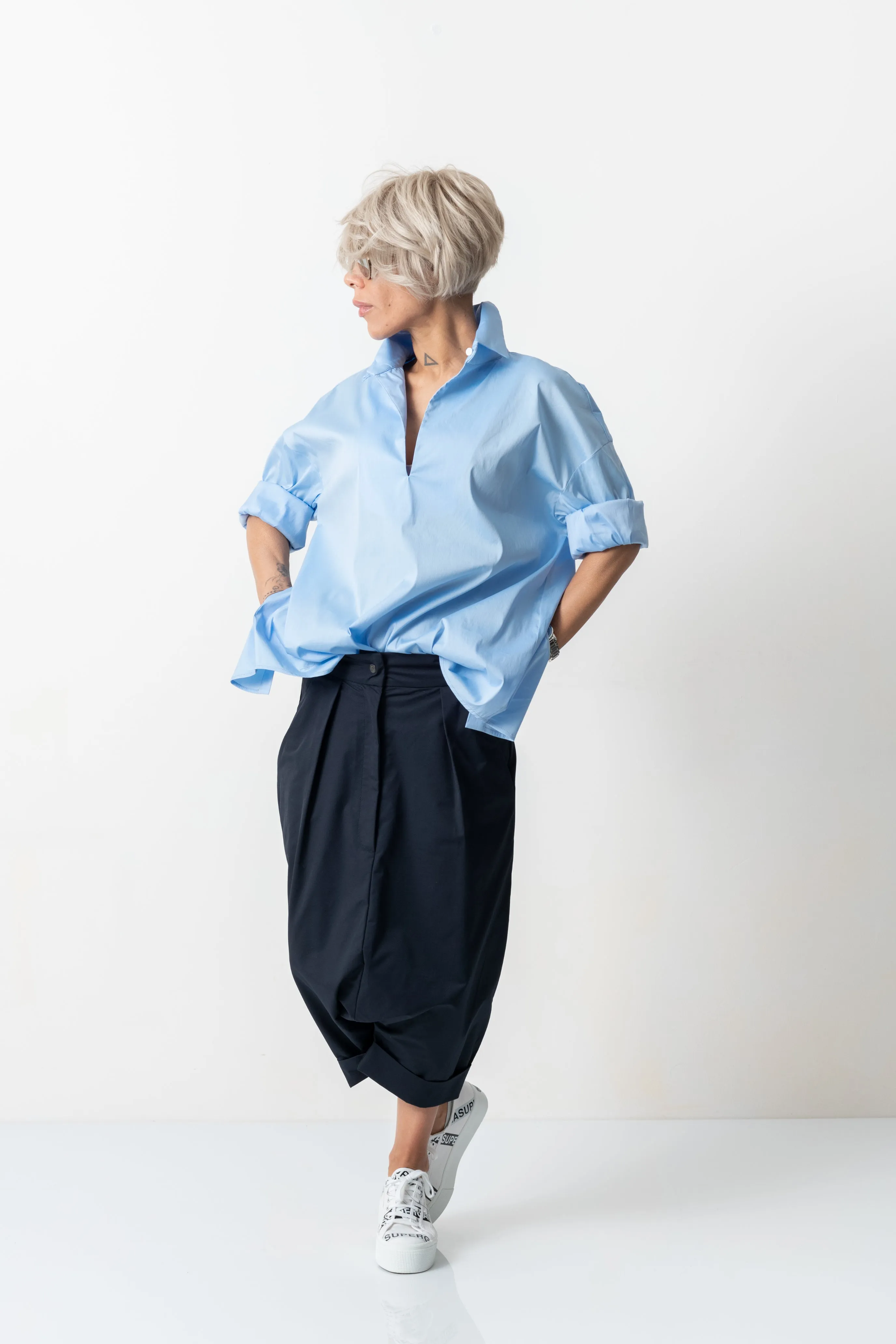 Blue Drop Crotch Casual Pants with Side Pockets