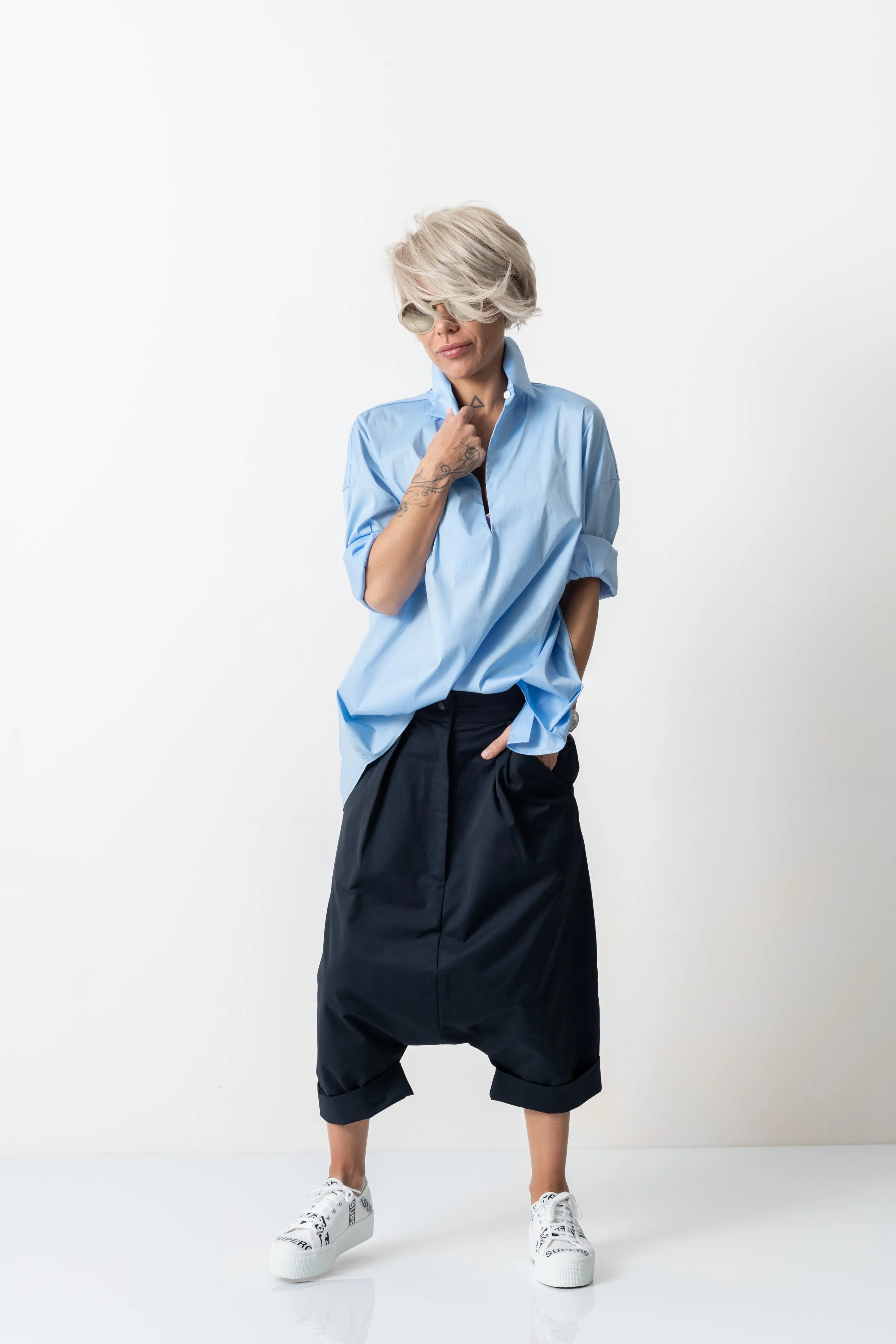 Blue Drop Crotch Casual Pants with Side Pockets
