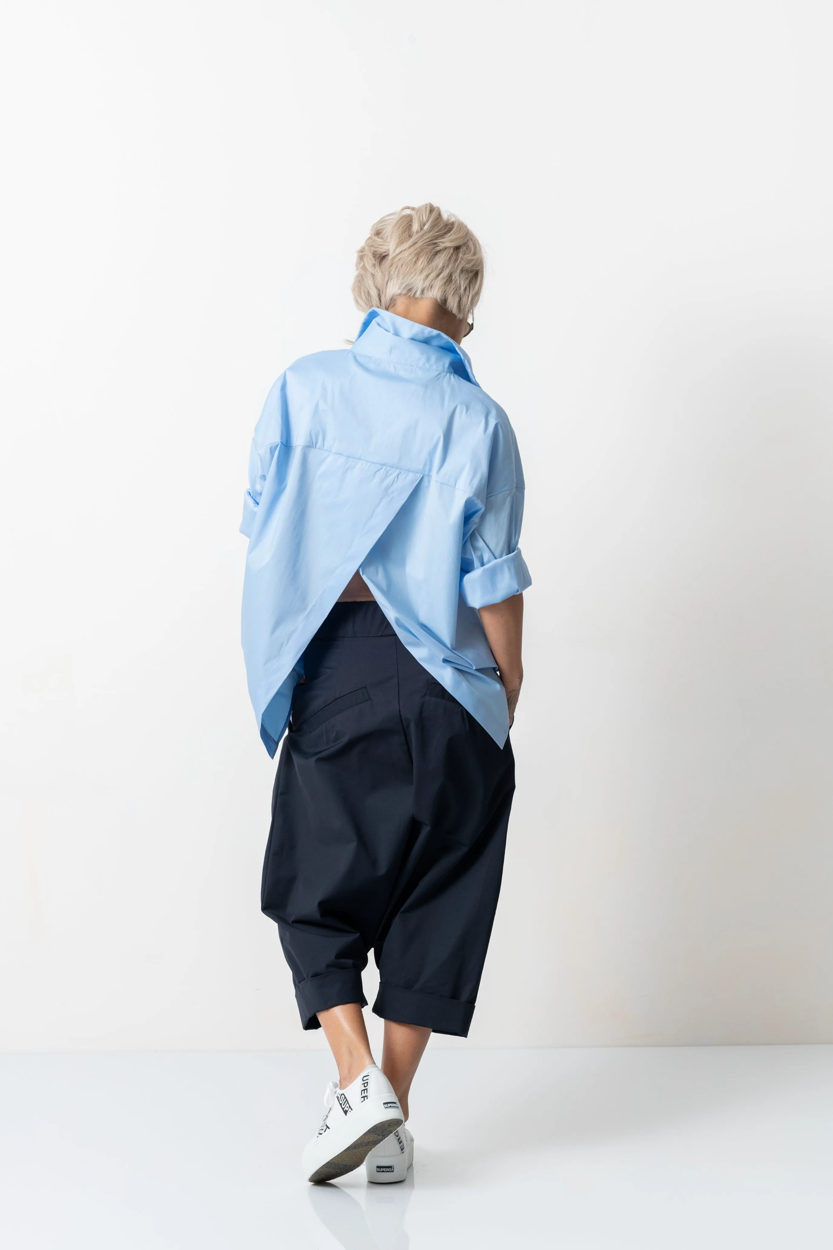 Blue Drop Crotch Casual Pants with Side Pockets