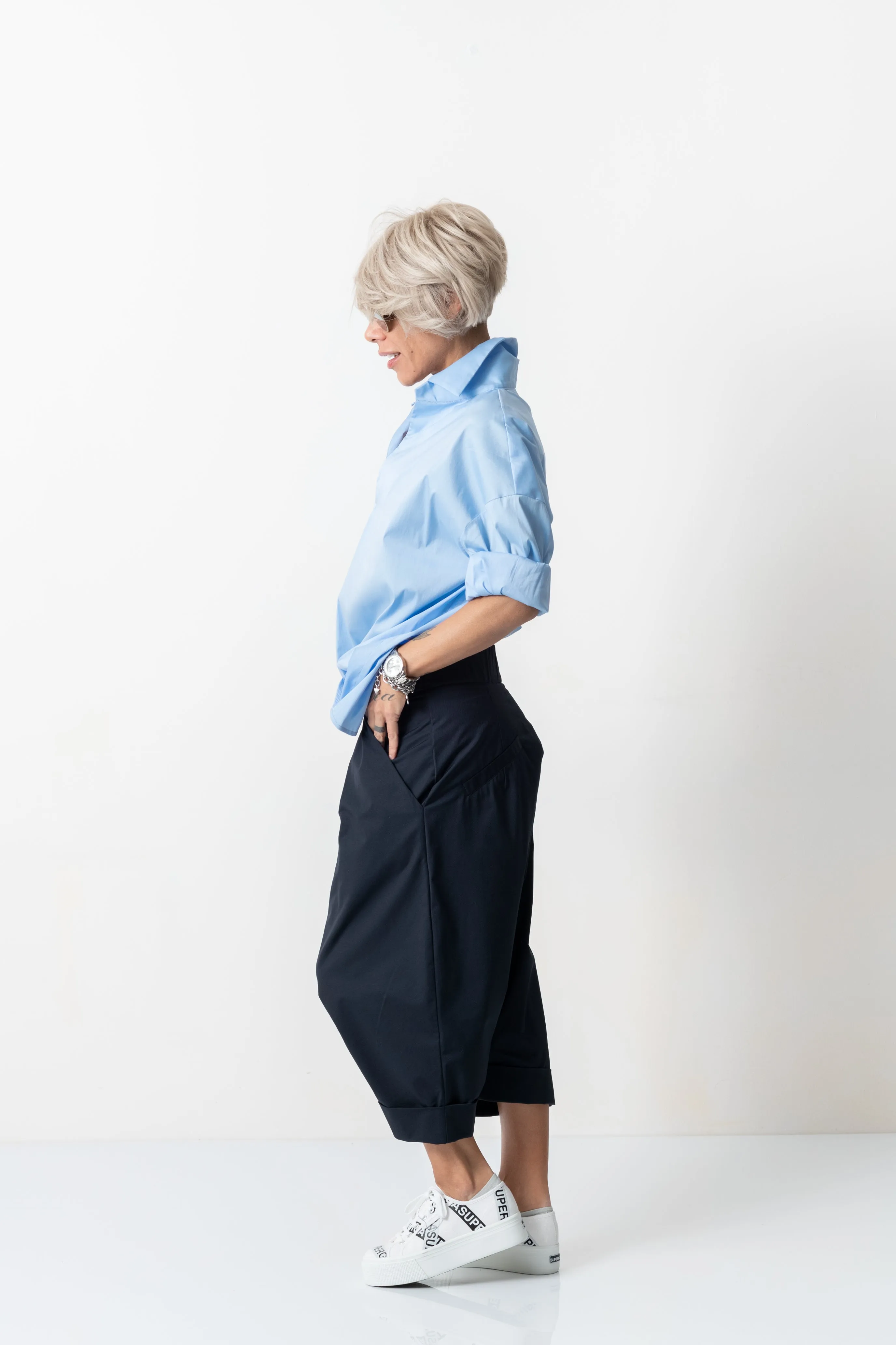 Blue Drop Crotch Casual Pants with Side Pockets