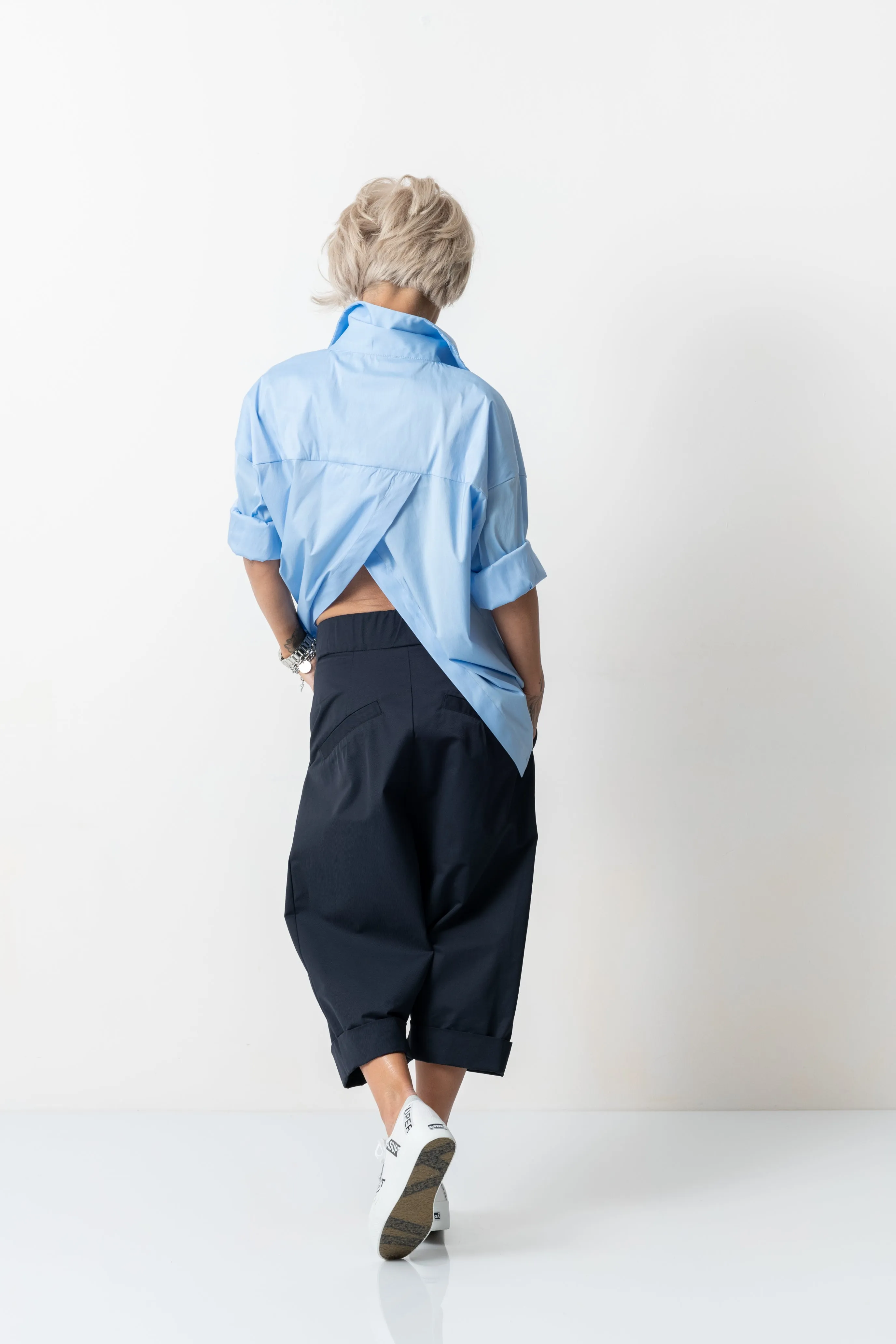 Blue Drop Crotch Casual Pants with Side Pockets