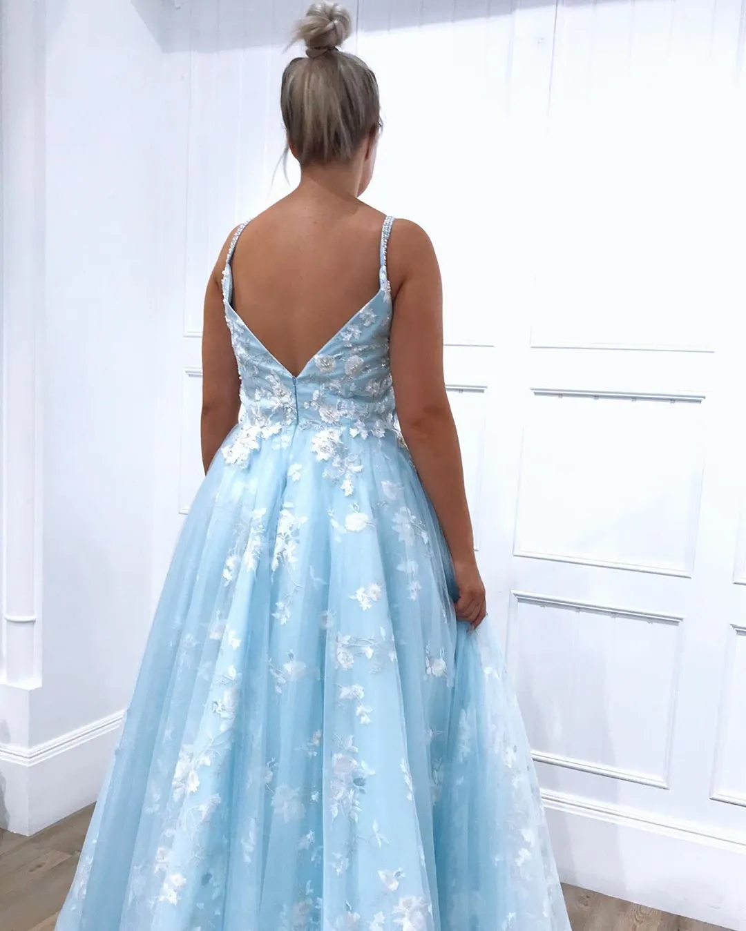 Blue Exquistie Lace Appliques Tulle A-Line Long Prom Dress,JKC1003