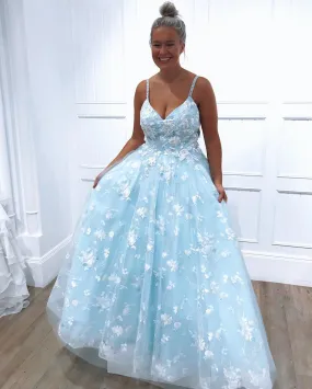 Blue Exquistie Lace Appliques Tulle A-Line Long Prom Dress,JKC1003