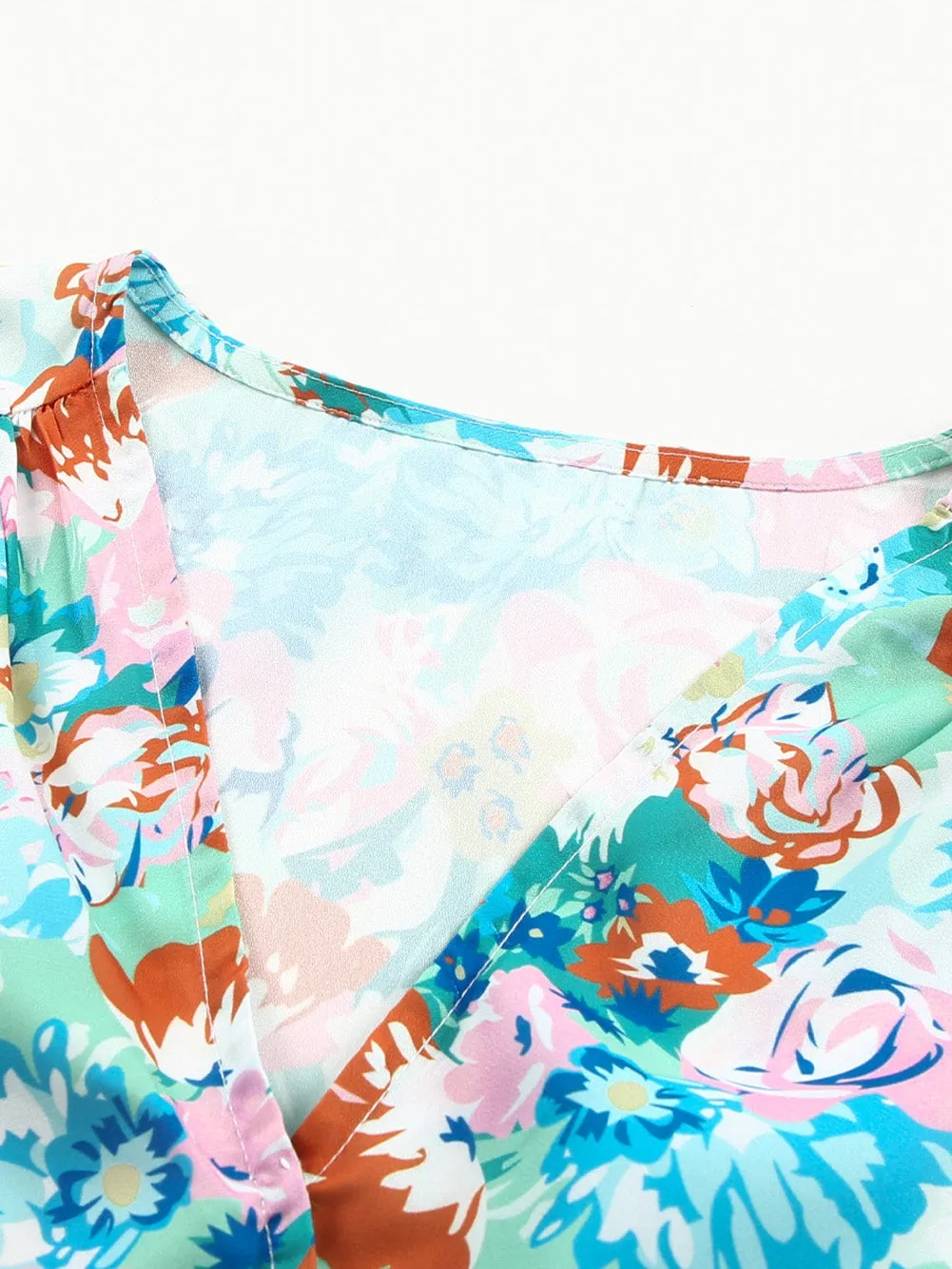 Blue Floral Print V-Neck Wrap Bodysuit