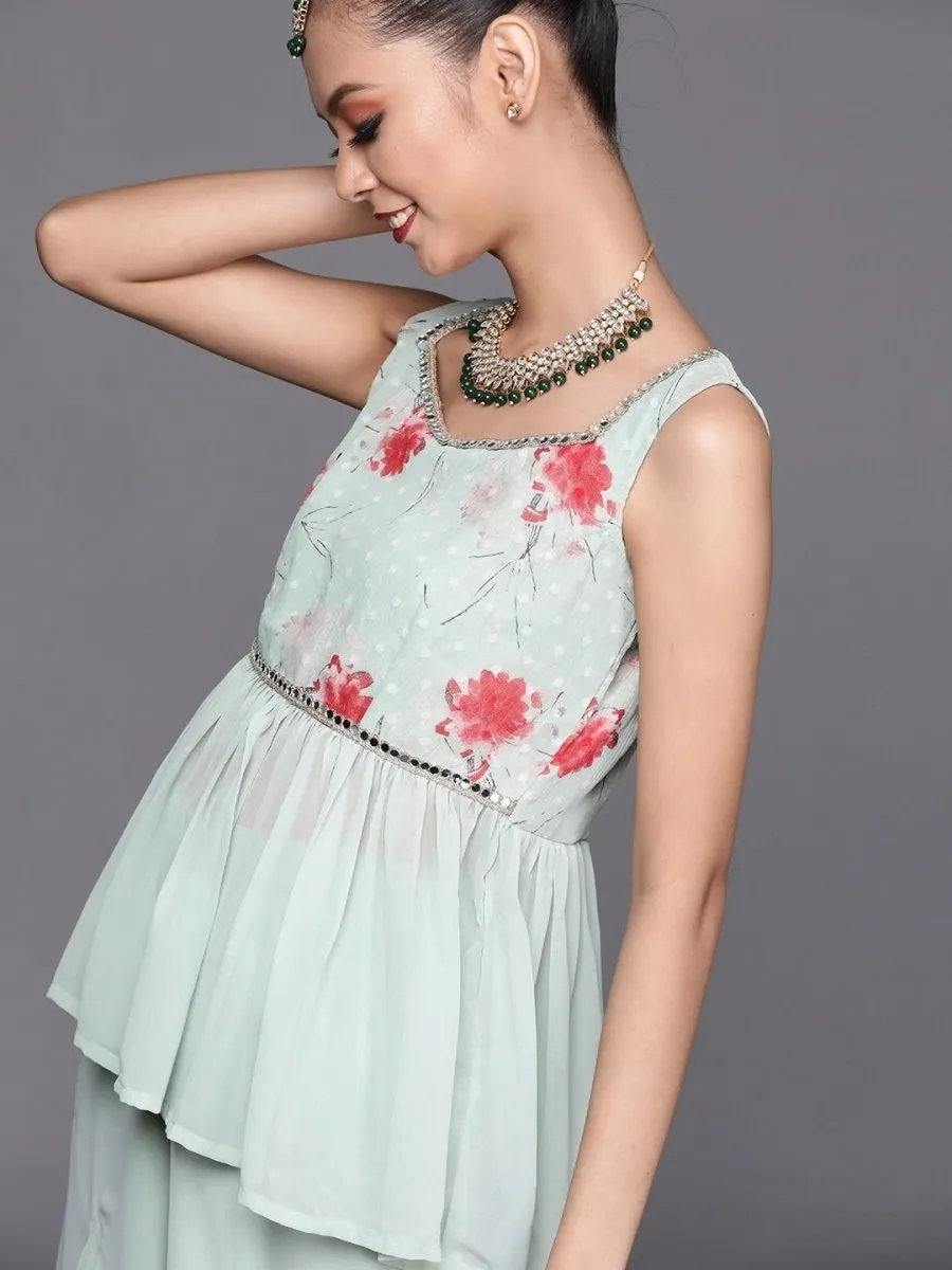 Cozy Sage Green Polyester Printed Crop Top