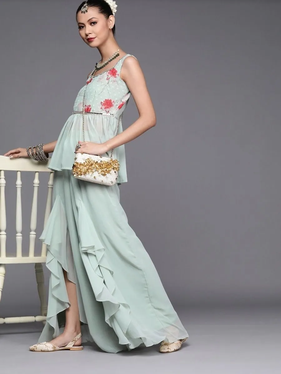 Cozy Sage Green Polyester Printed Crop Top
