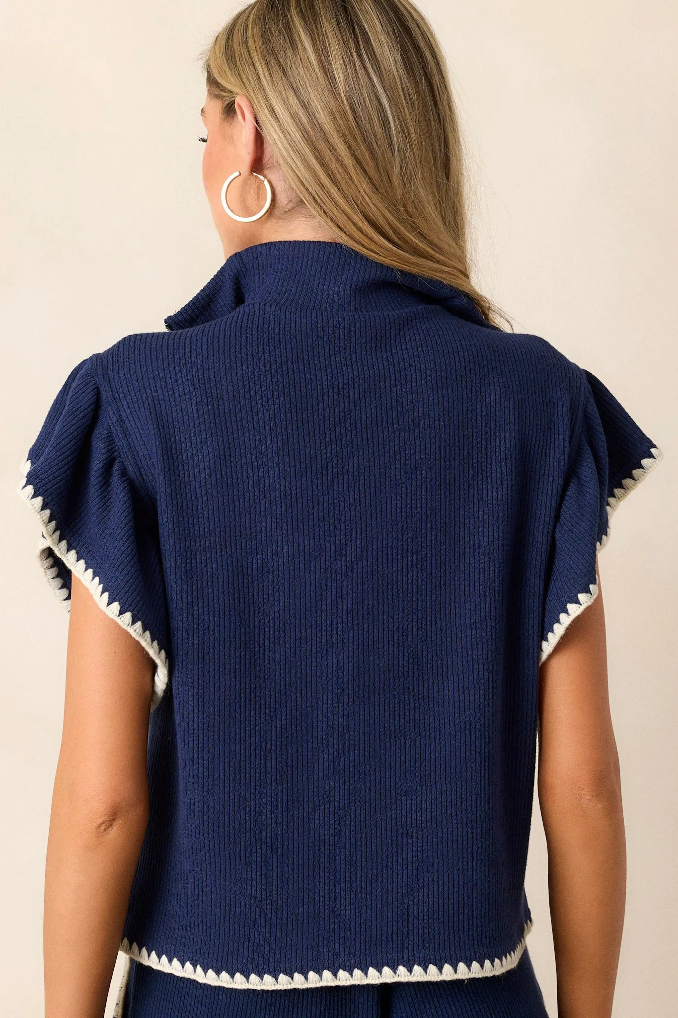 Ease My Mind Navy Blanket Stitch Quarter Zip Sweater