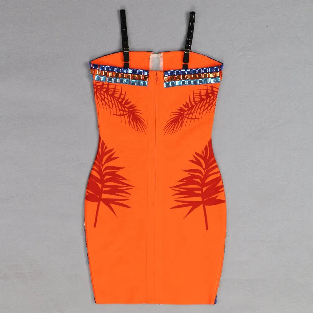 Floral Mesh V-Neck Backless Bodycon Tube Dress with Heavy Industry Beads