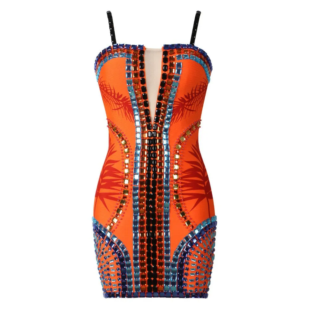 Floral Mesh V-Neck Backless Bodycon Tube Dress with Heavy Industry Beads