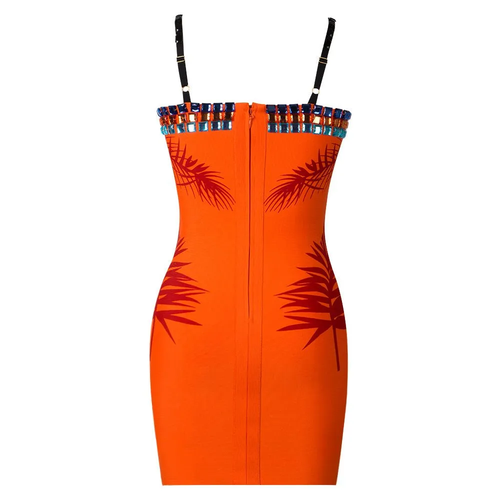 Floral Mesh V-Neck Backless Bodycon Tube Dress with Heavy Industry Beads