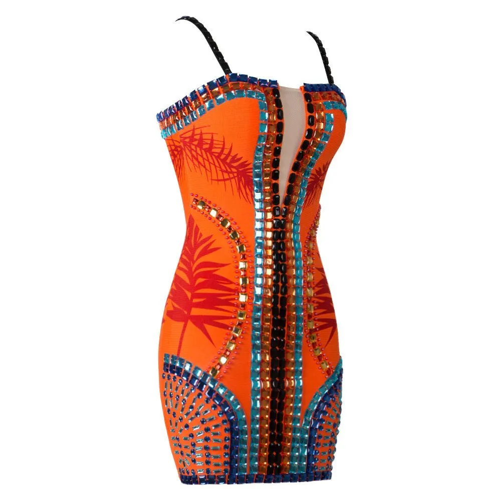 Floral Mesh V-Neck Backless Bodycon Tube Dress with Heavy Industry Beads