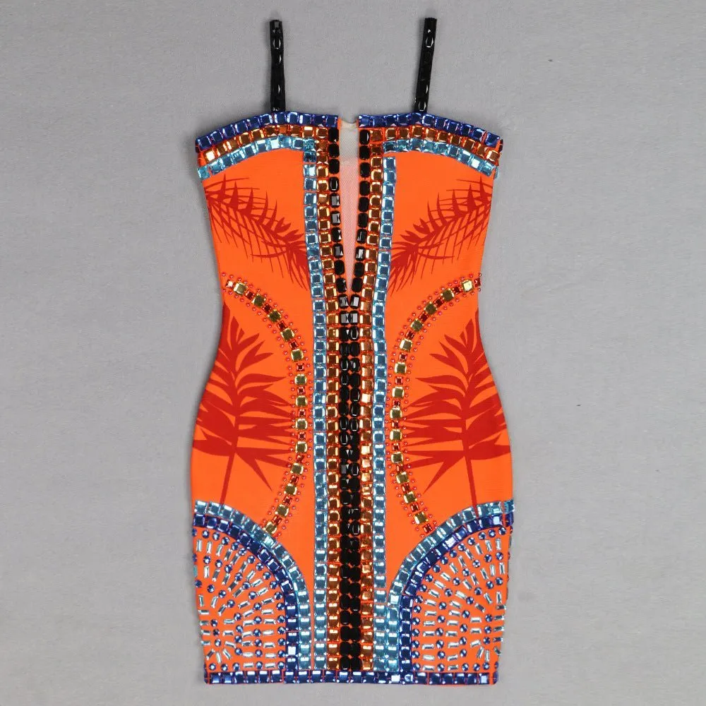 Floral Mesh V-Neck Backless Bodycon Tube Dress with Heavy Industry Beads
