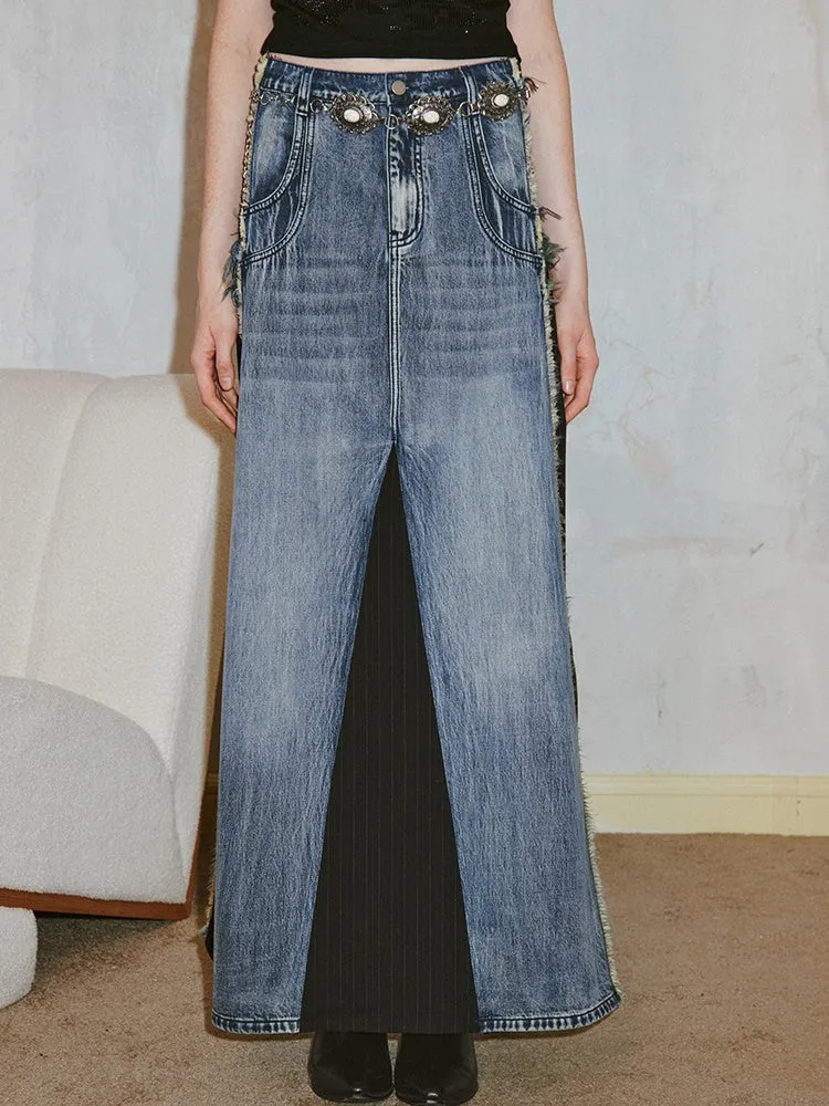 Geometric Cut Washed Raw Edge Denim Patchwork Skirt