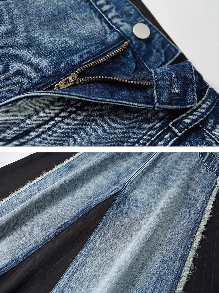 Geometric Cut Washed Raw Edge Denim Patchwork Skirt