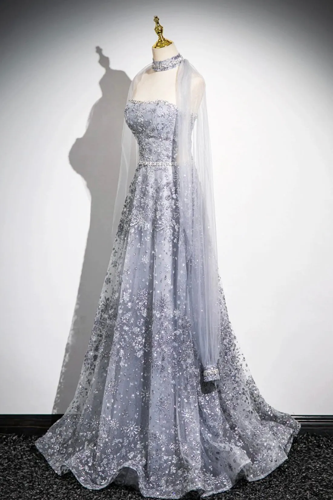 Gray Tulle Sequins Long Prom Dress, Gray A-Line Formal Evening Dress