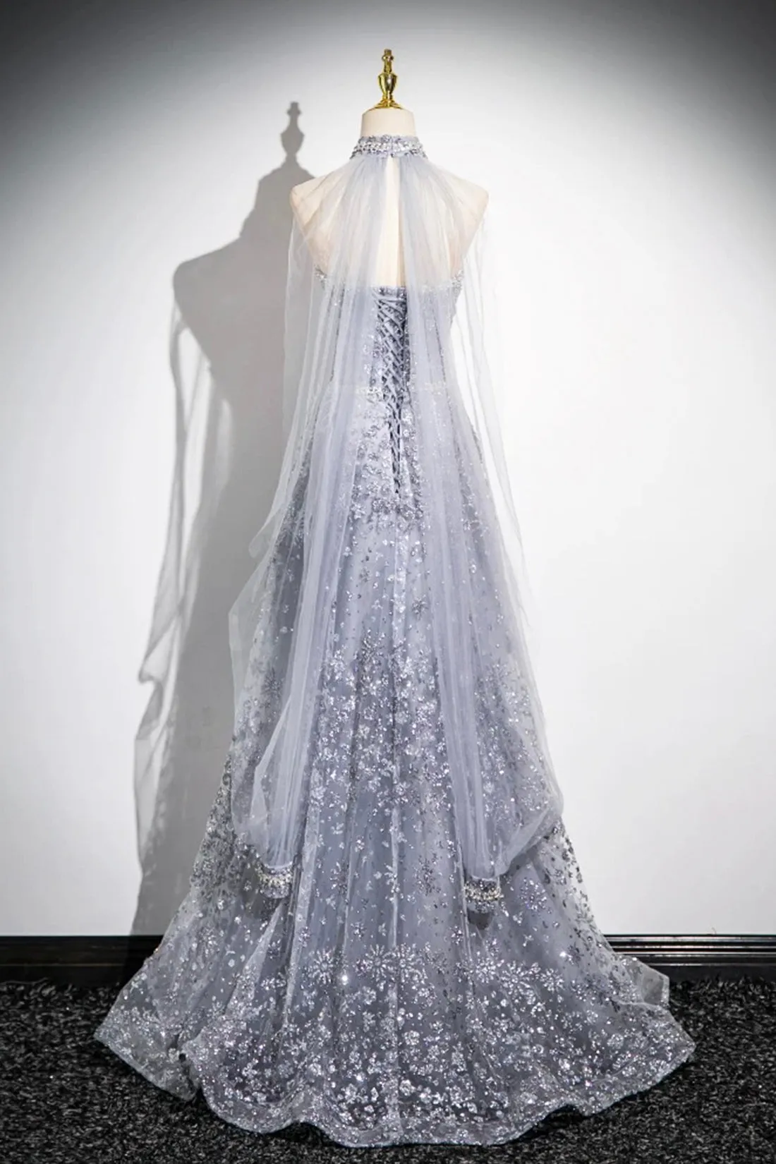 Gray Tulle Sequins Long Prom Dress, Gray A-Line Formal Evening Dress