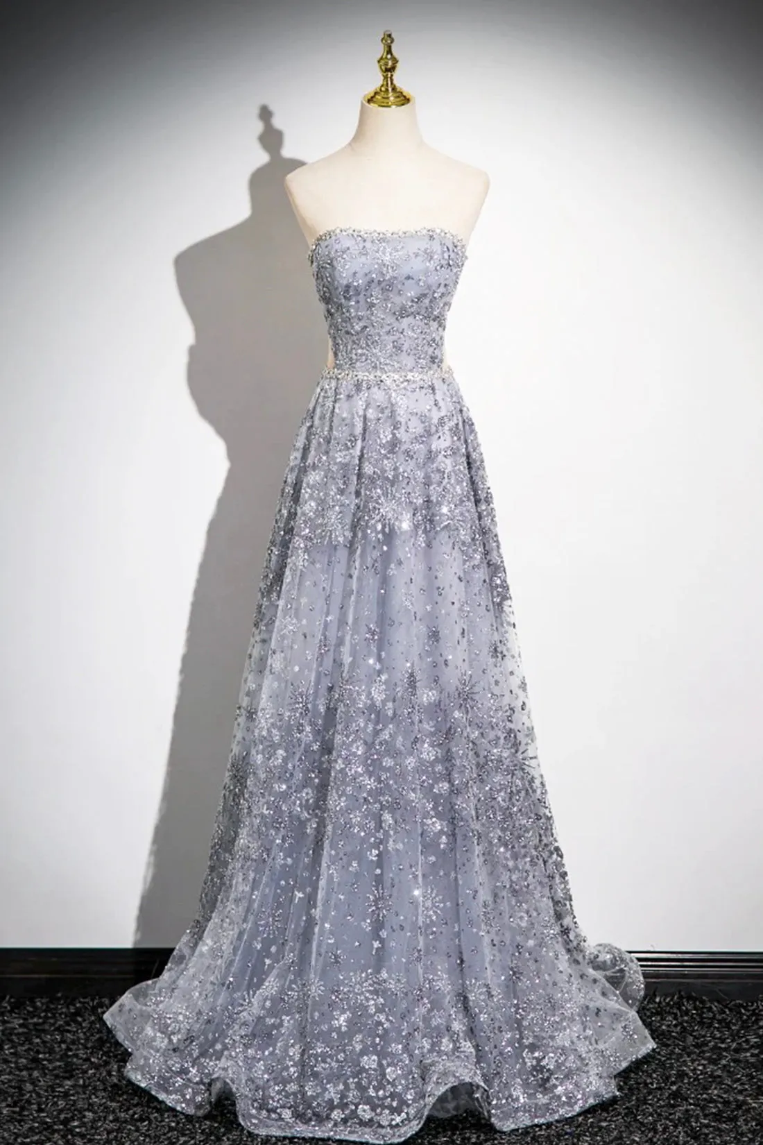 Gray Tulle Sequins Long Prom Dress, Gray A-Line Formal Evening Dress