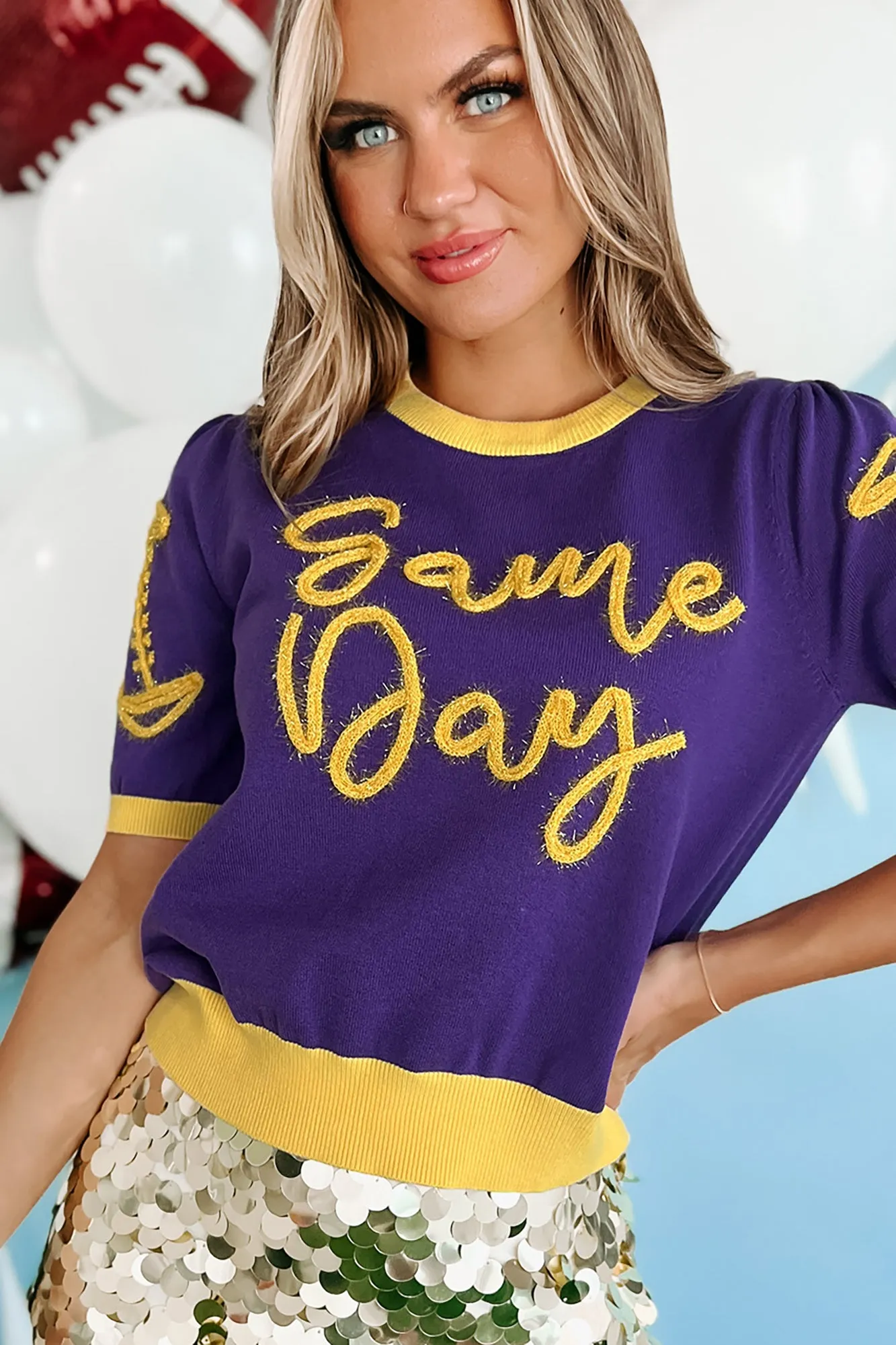 Headed To The Stadium Fuzzy Metallic Graphic Sweater (Purple/Gold)