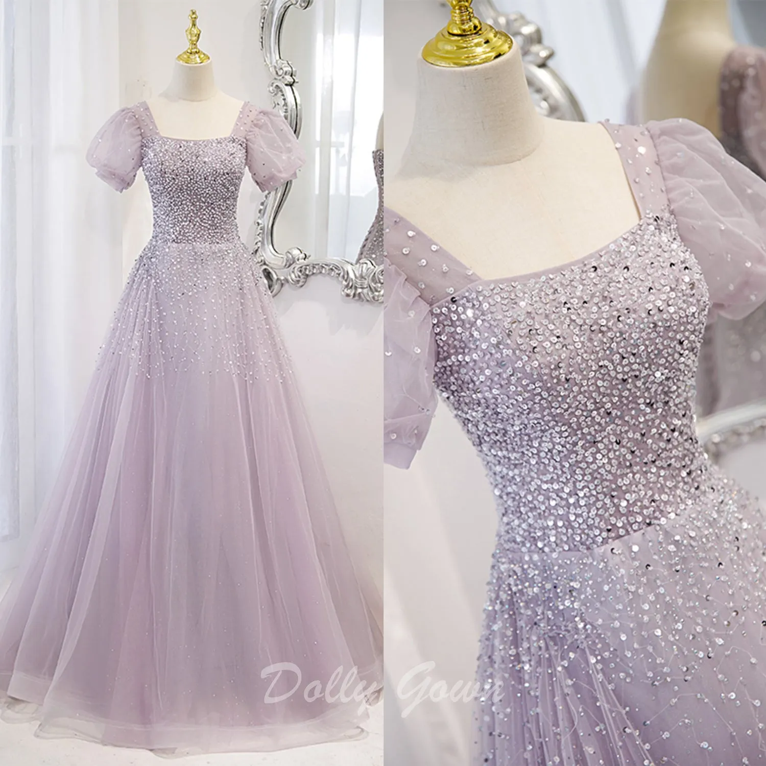 Lilac Bead Square Neck A-line Prom Dress