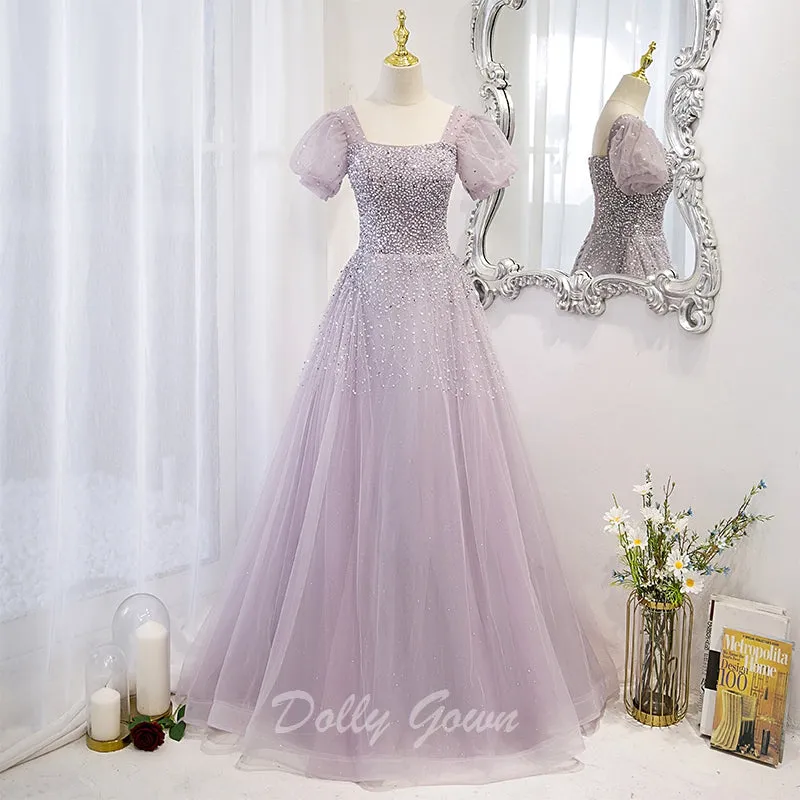 Lilac Bead Square Neck A-line Prom Dress