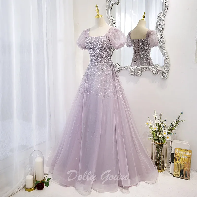 Lilac Bead Square Neck A-line Prom Dress