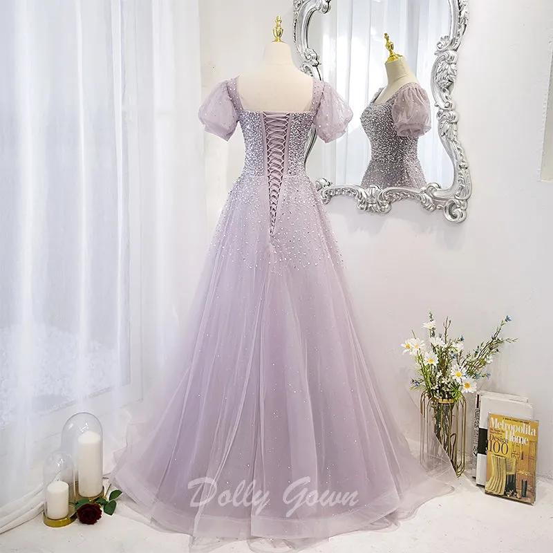 Lilac Bead Square Neck A-line Prom Dress