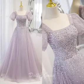 Lilac Bead Square Neck A-line Prom Dress