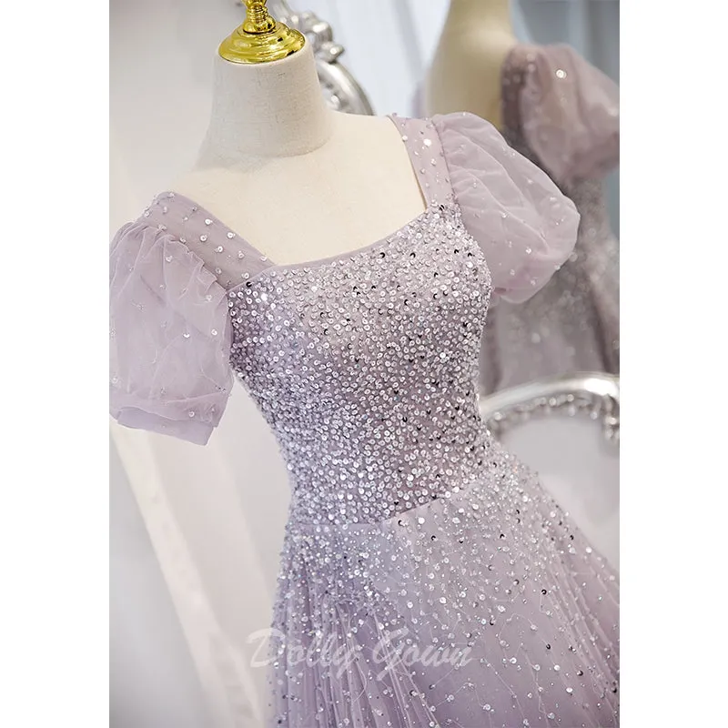 Lilac Bead Square Neck A-line Prom Dress