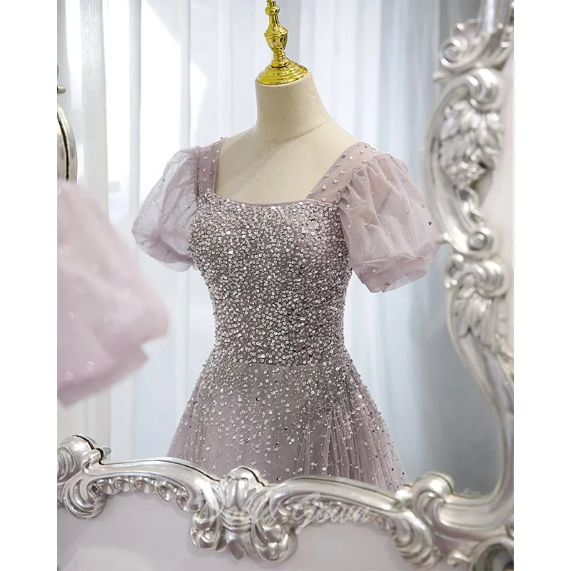 Lilac Bead Square Neck A-line Prom Dress