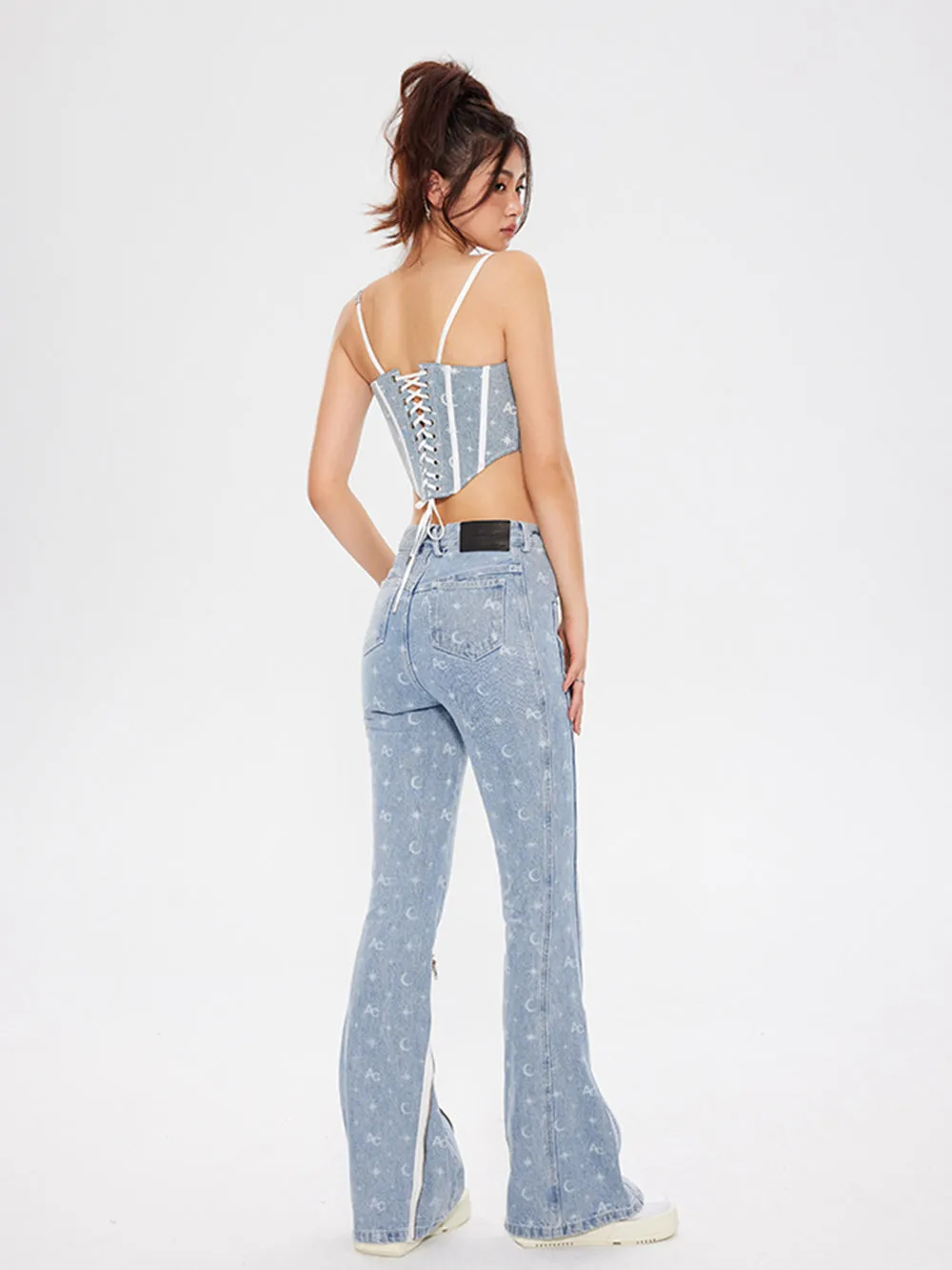 MUKTANK × ARDENCODE Printed Slim-fit Mid-rise Washed Flared Jeans