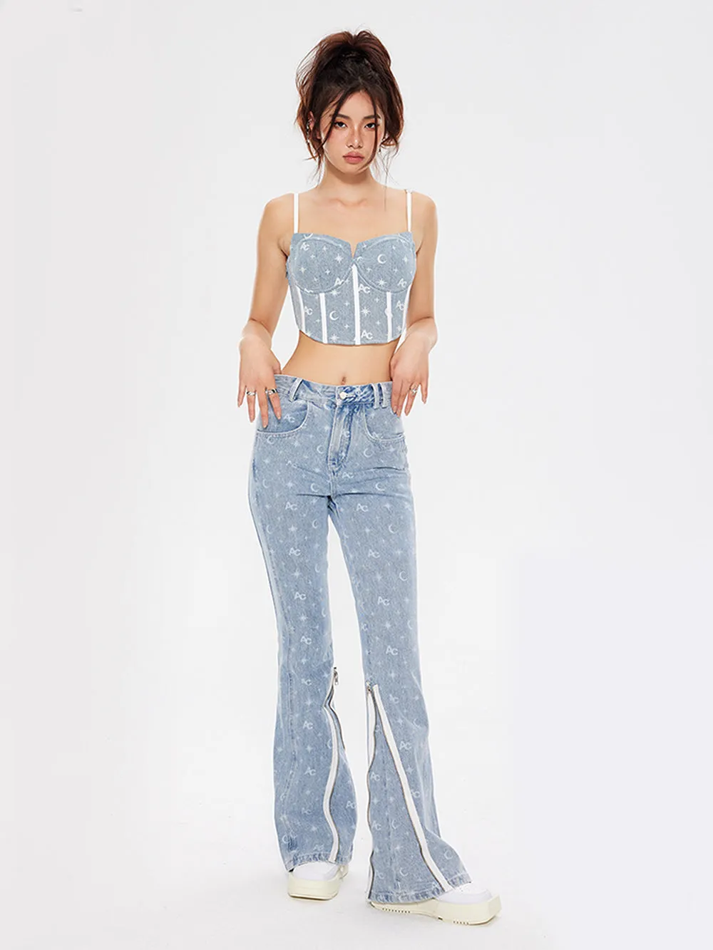 MUKTANK × ARDENCODE Printed Slim-fit Mid-rise Washed Flared Jeans