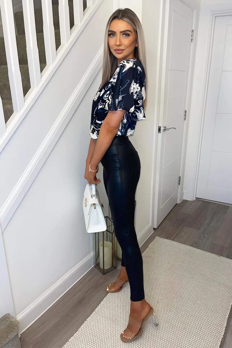 Navy Marble Print Wrap Over Bodysuit