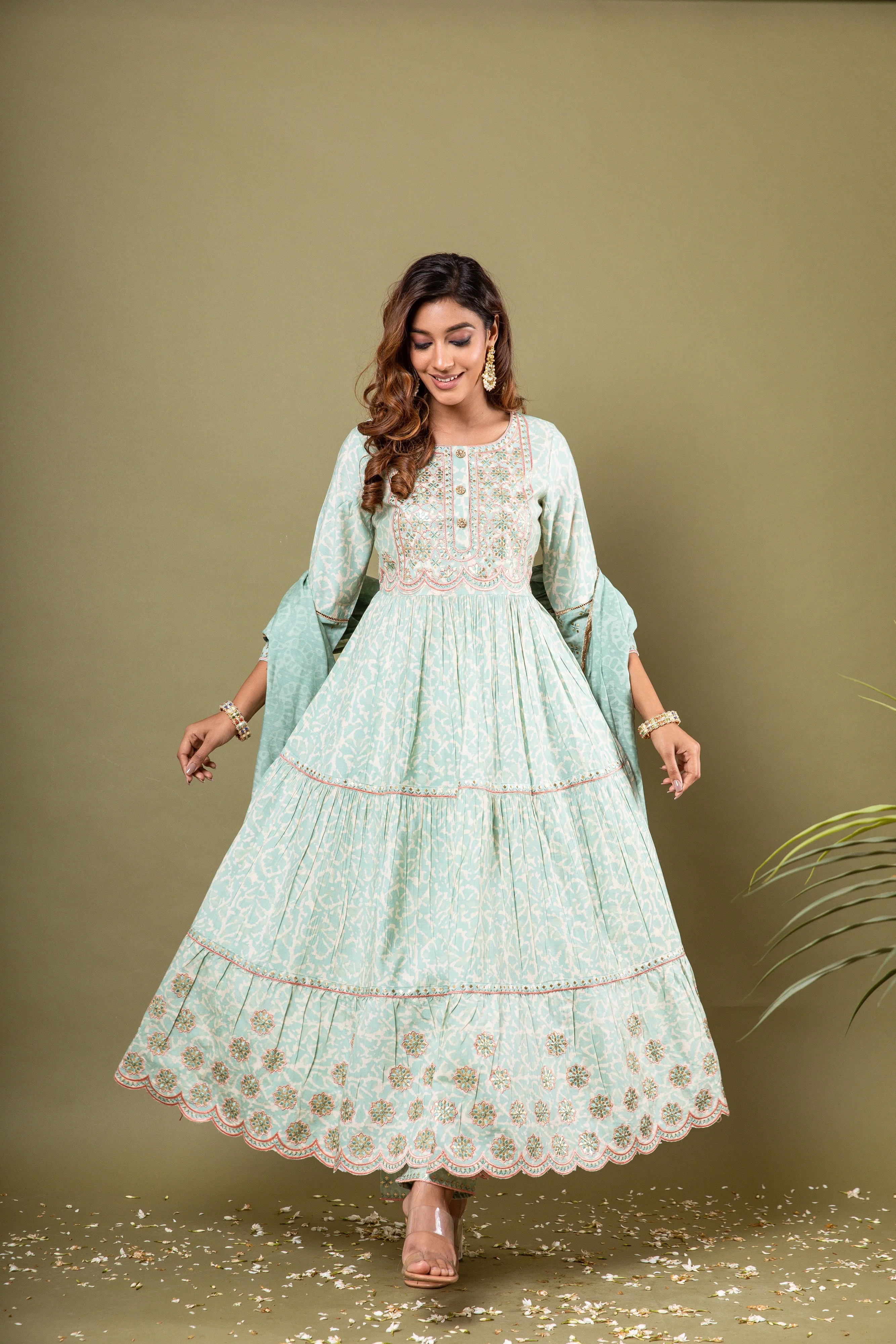 Nilambar Women's Mint Green Color Muslin Anarkali Kurta Pant Dupatta With Fancy Potli