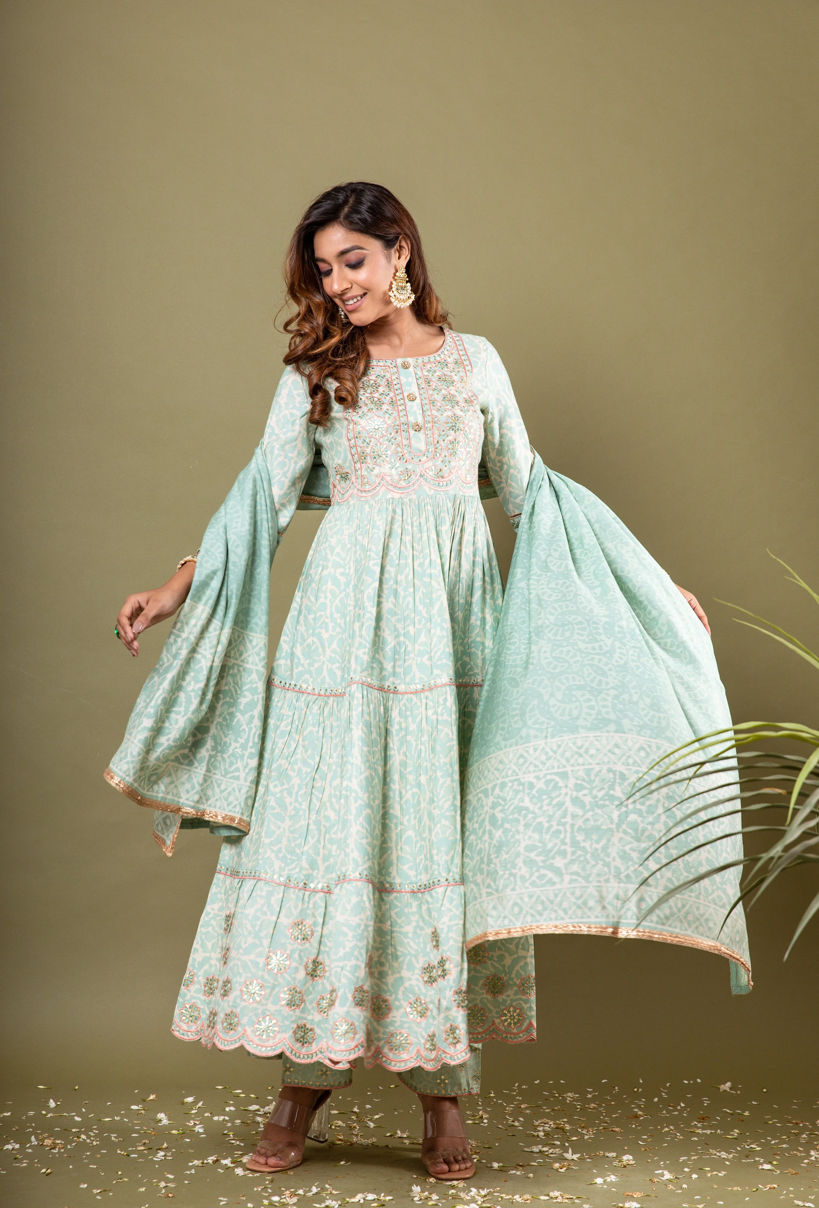 Nilambar Women's Mint Green Color Muslin Anarkali Kurta Pant Dupatta With Fancy Potli