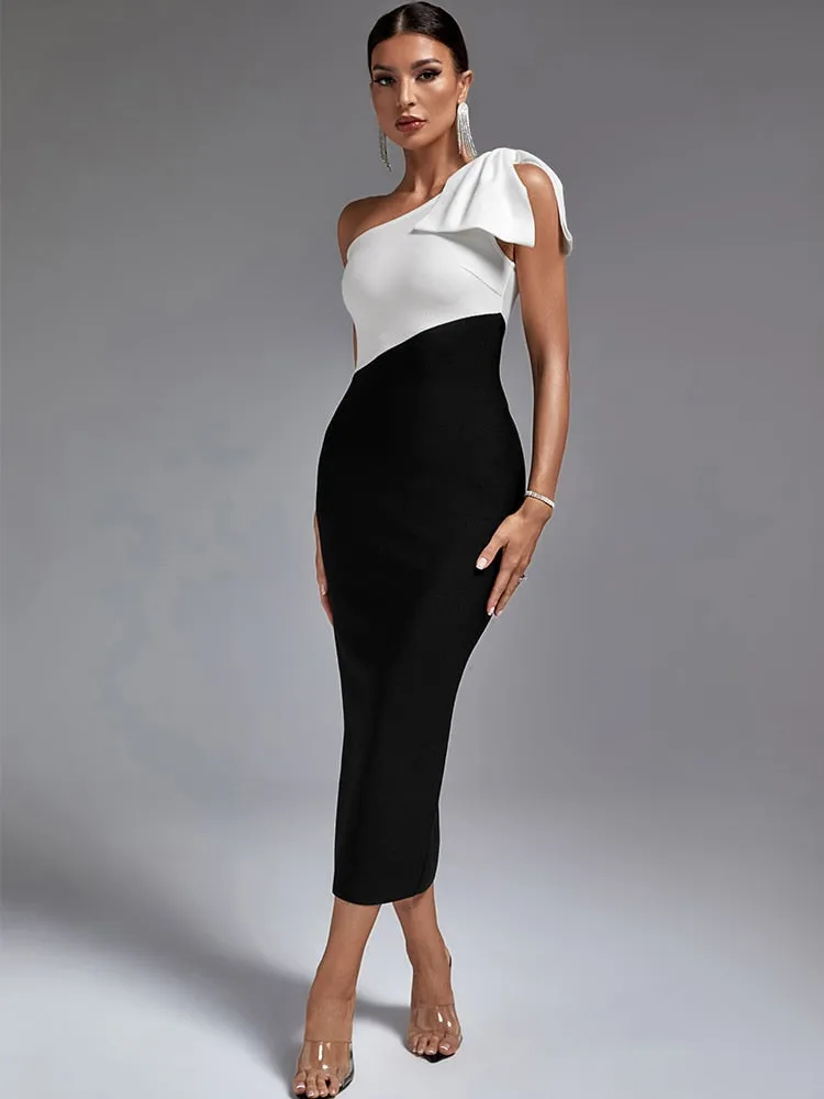 One Shoulder Maxi Bodycon Dress with Color Block